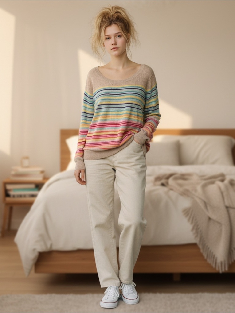 Old Navy Tan Sweater with Multicolor Stripes